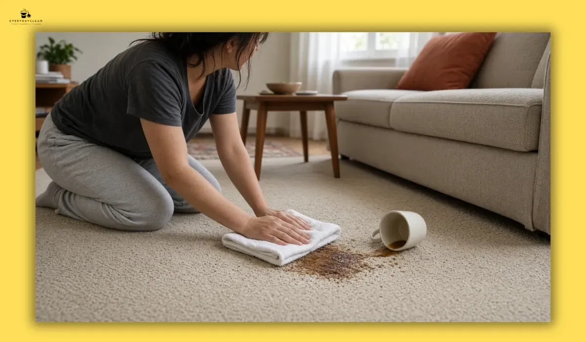 Fresh coffee spill being blotted from a light carpet in a real home