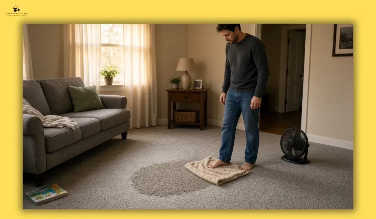 Freshly cleaned carpet being dried after coffee stain treatment with a clean towel