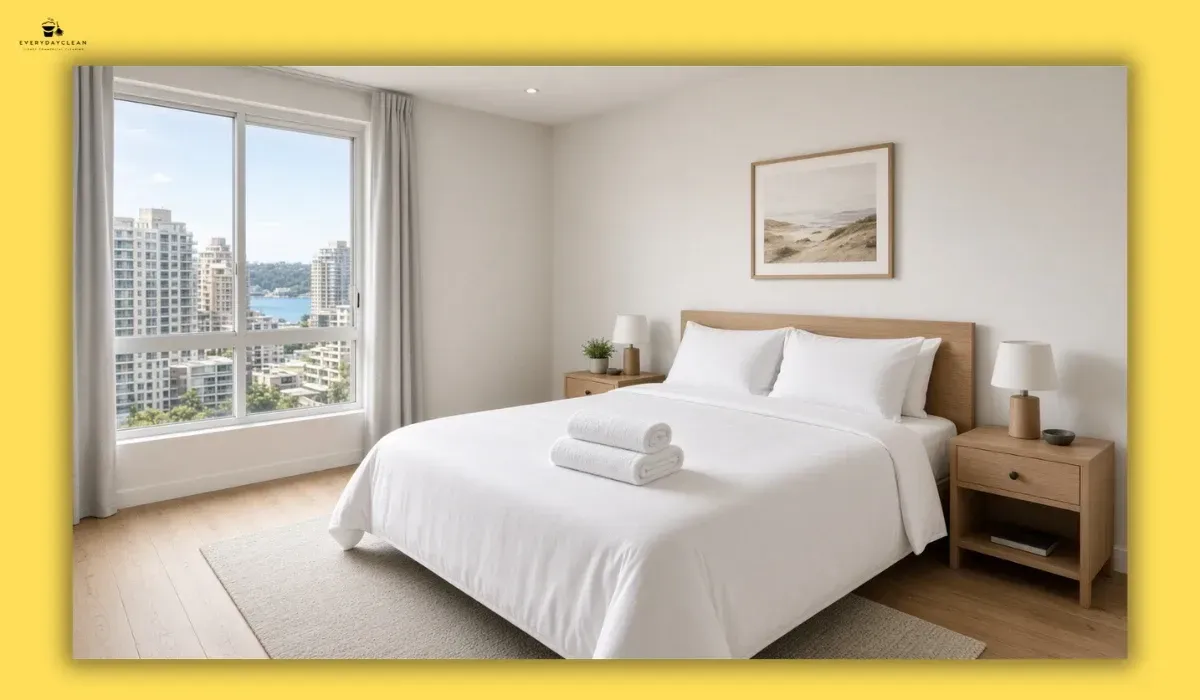 Freshly made bed with white linen in a Sydney Airbnb