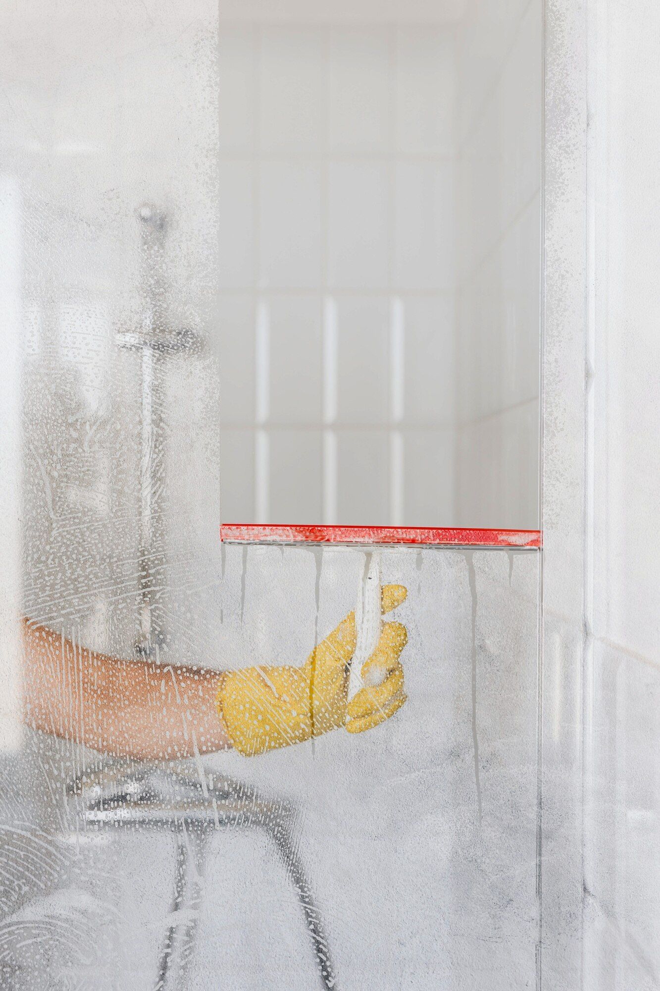 Person wearing yellow gloves squeegees a shower glass door.