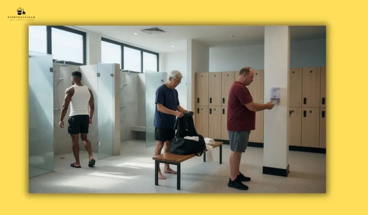Gym members following good hygiene practices in shared shower and locker room areas