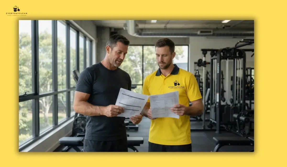 Gym owner reviewing a professional gym cleaning service quote