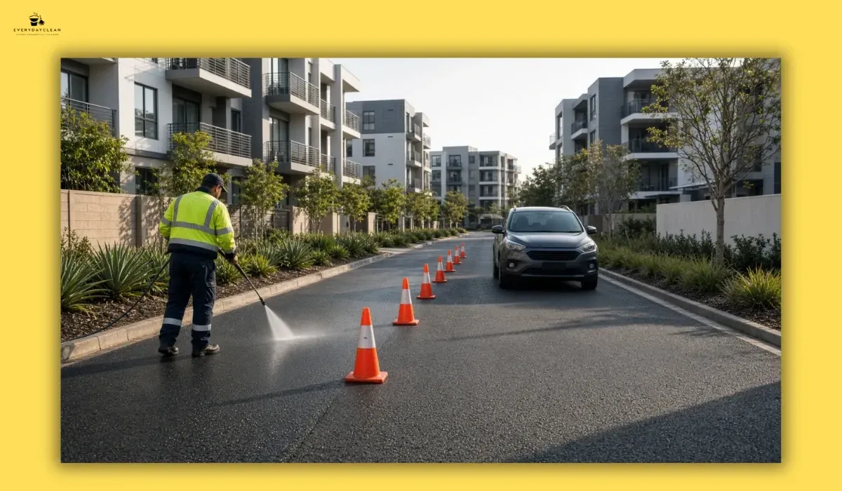 Half of a strata asphalt driveway being cleaned while the other lane stays open