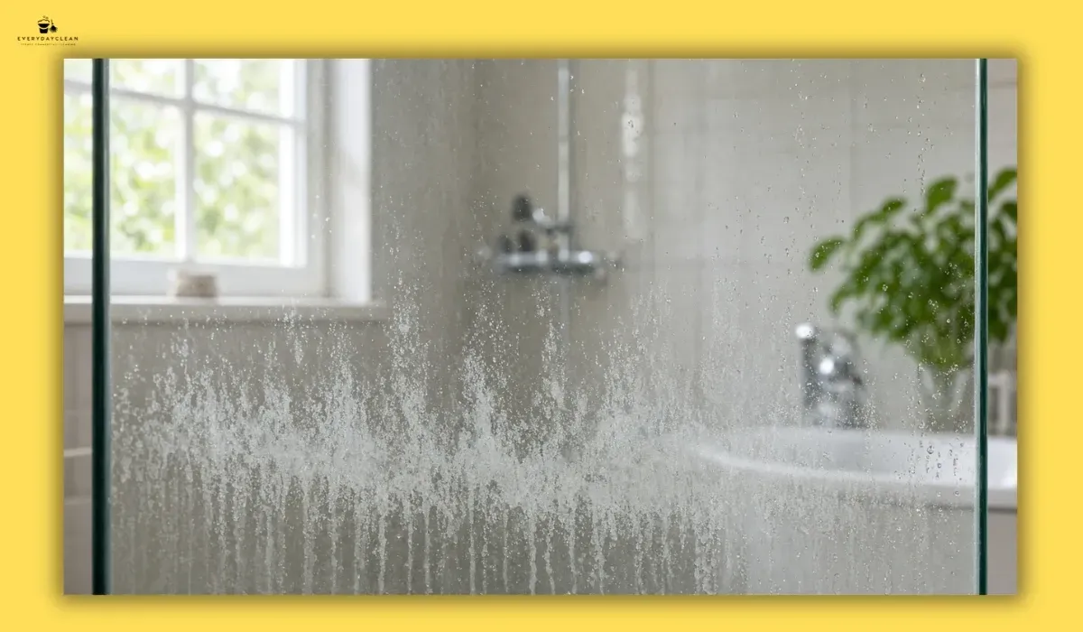 Hard water mineral deposits visible on a glass shower screen