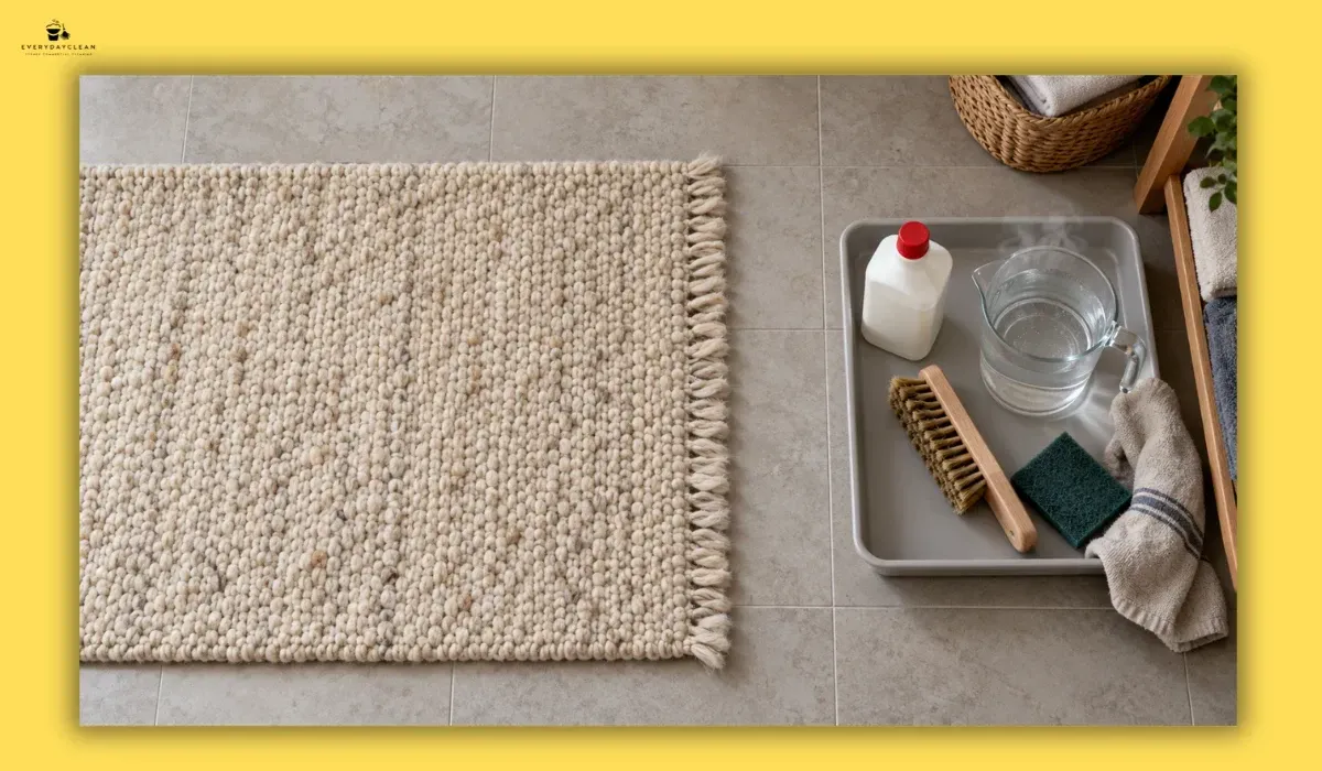Harsh cleaning products and abrasive tools kept away from a wool rug
