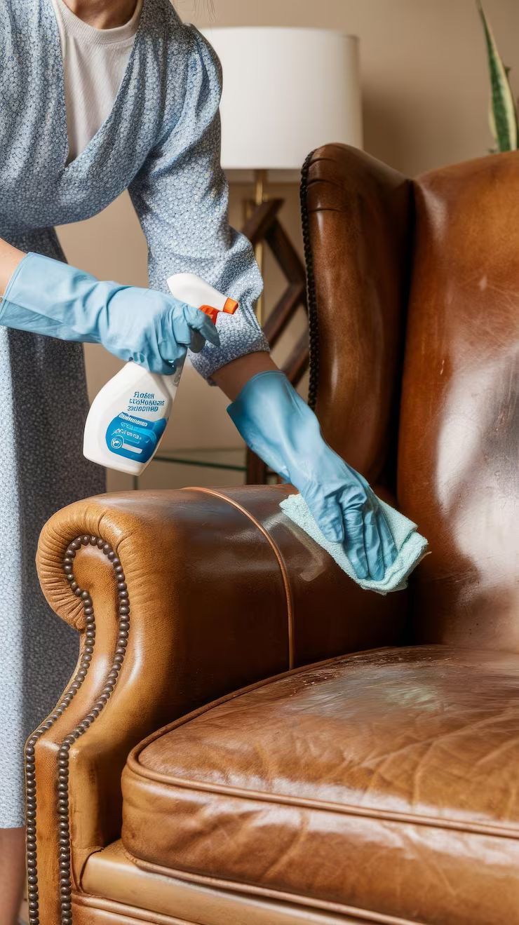 Person cleaning a brown leather armchair with cleaner and cloth.
