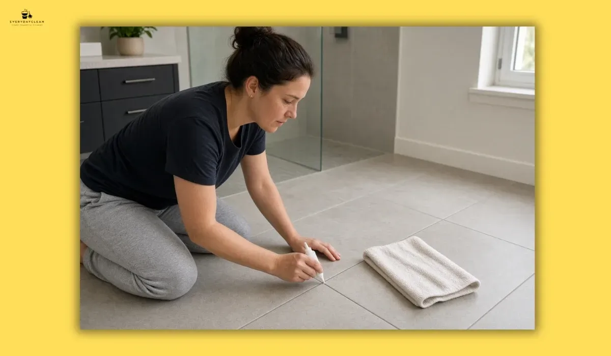 Homeowner applying penetrating sealer carefully along tile grout lines