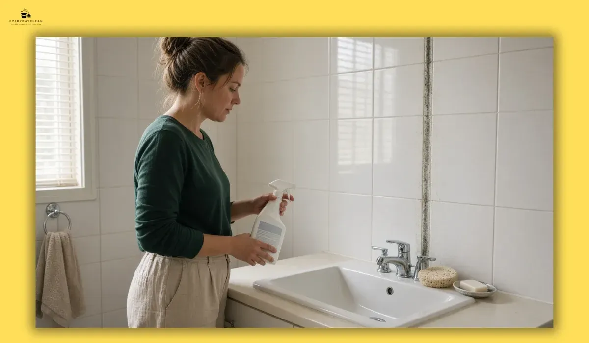 Homeowner checking a mould remover label before choosing a product for a bathroom surface