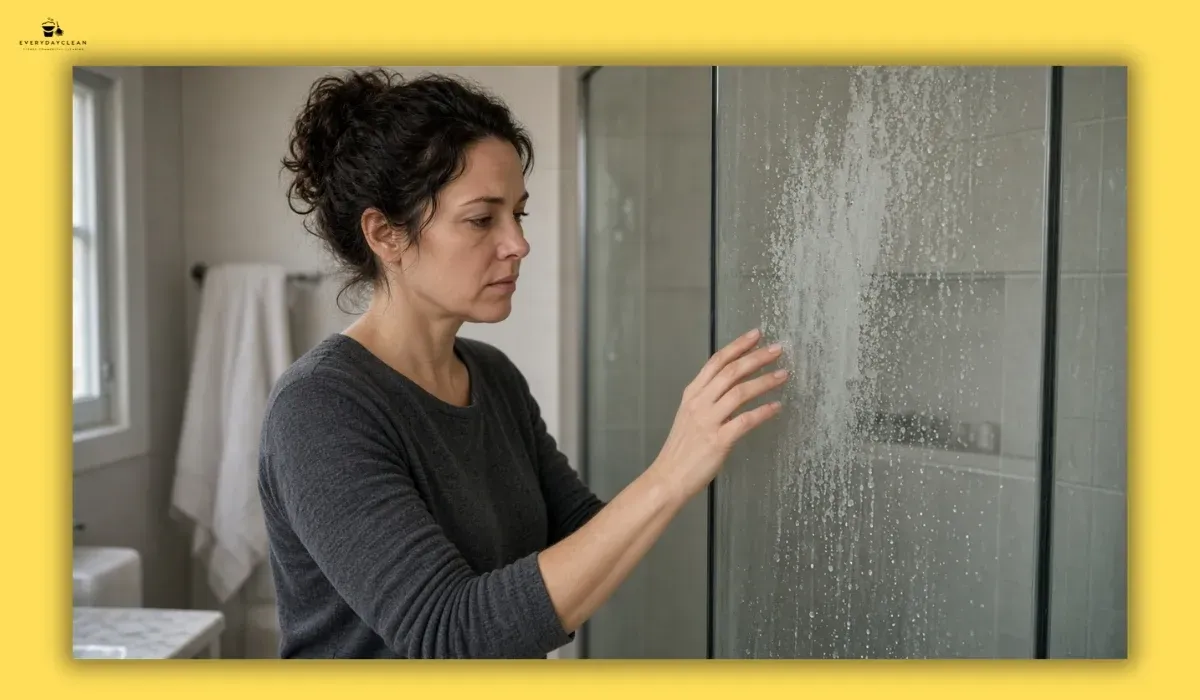 Homeowner examining hard water stains on a glass shower screen
