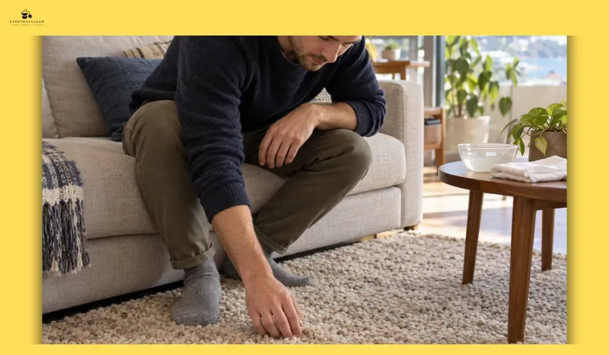 Homeowner inspecting a wool rug after gentle stain treatment