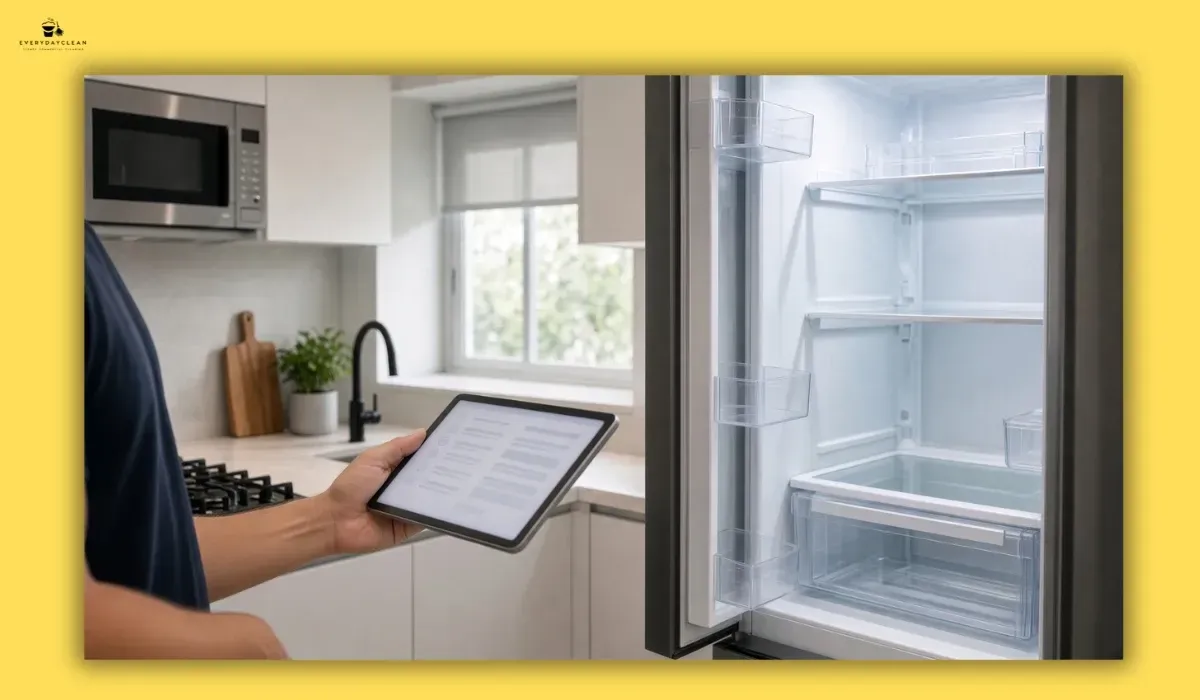 Host inspecting a clean fridge before check-in
