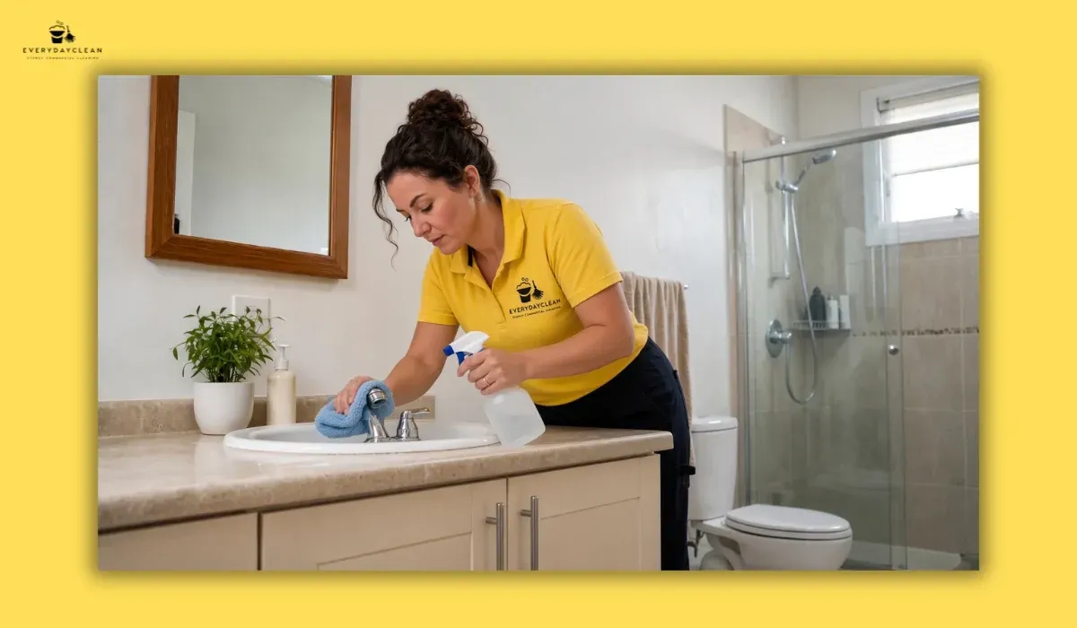 House cleaner cleaning a bathroom sink and tap fittings