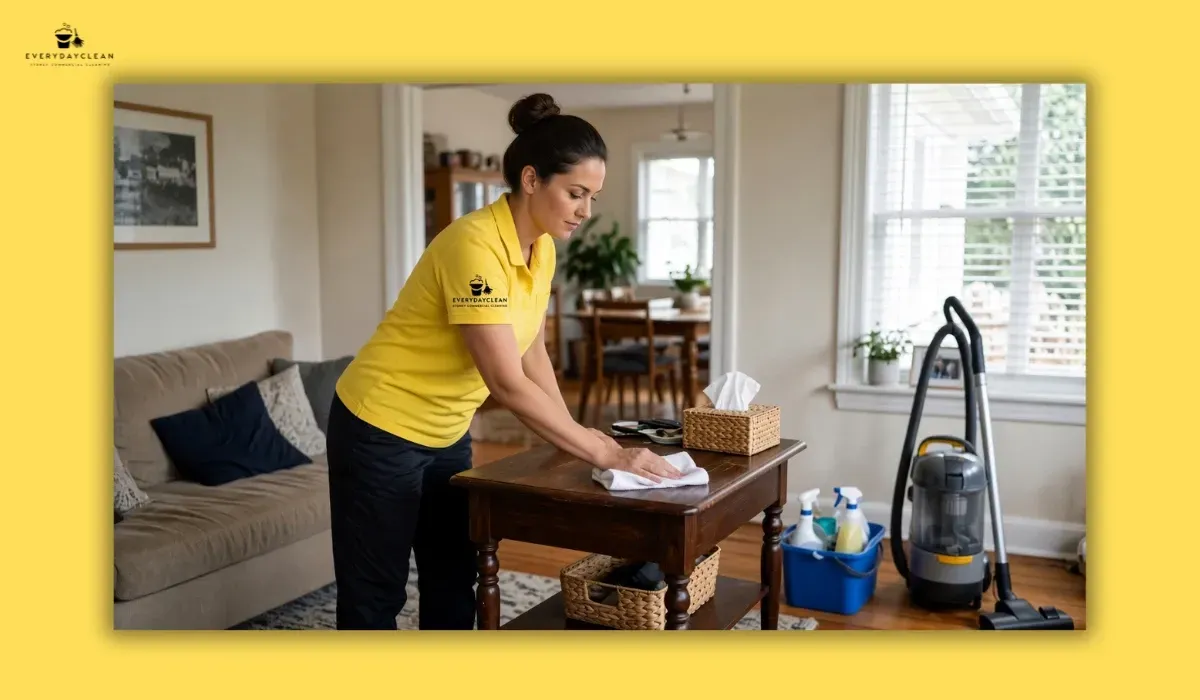 House cleaner cleaning surfaces and floors in a standard home clean