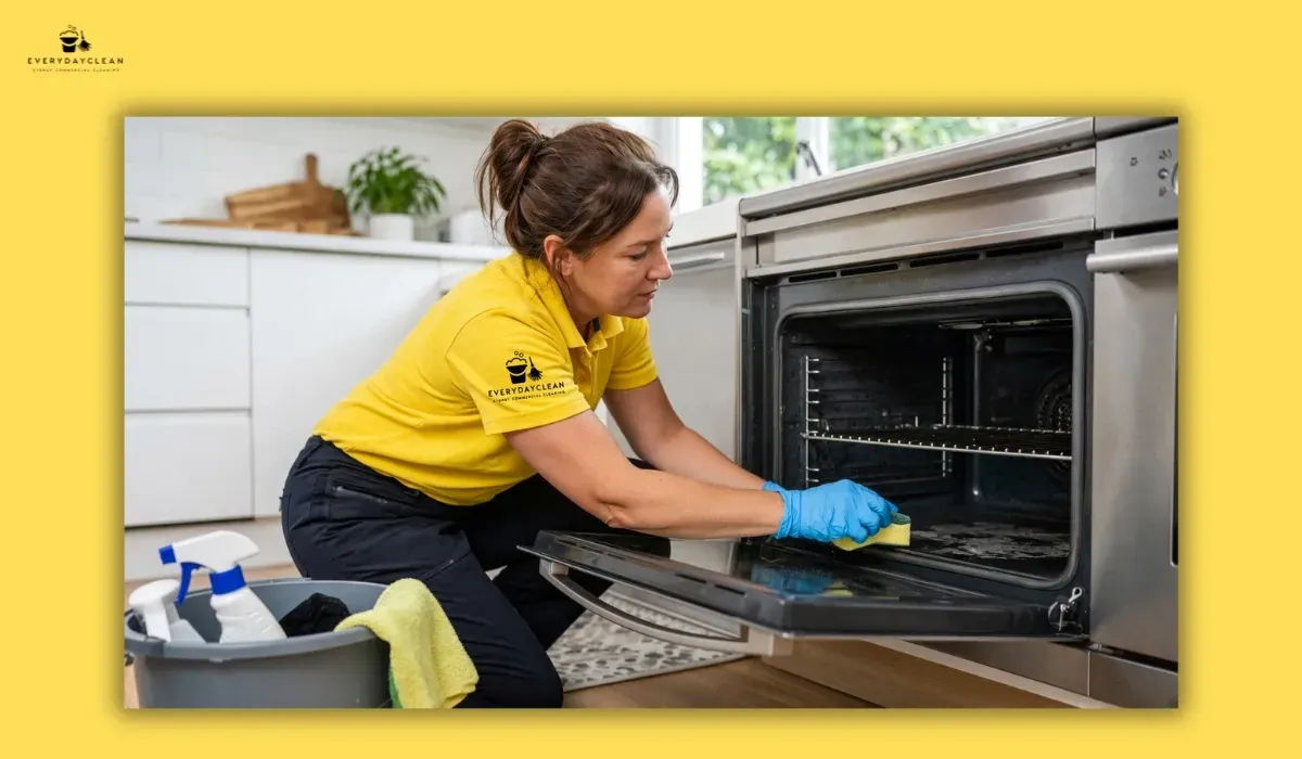 House cleaner wiping a washing machine in a laundry