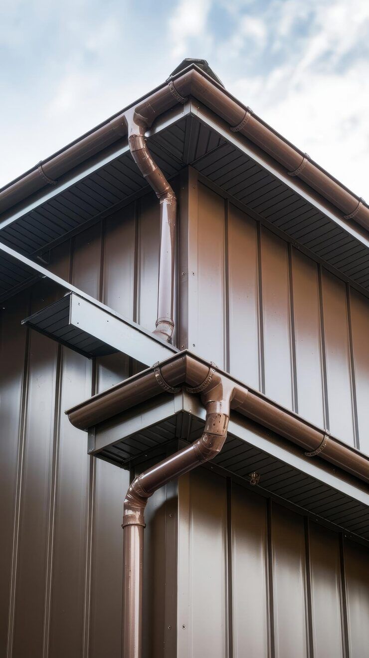 Brown gutters and downspouts on a brown building with a section of the sky visible.