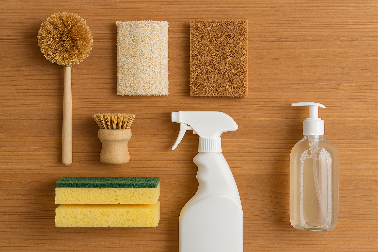 Eco-friendly office cleaning Sydney supplies including brushes, sponges, and spray bottles.