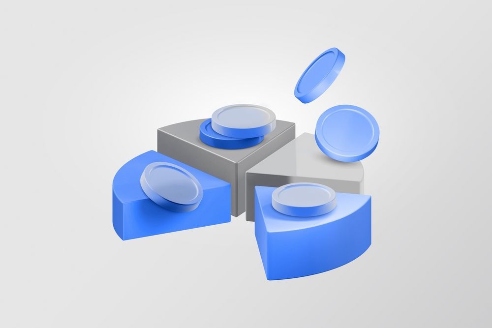 Pie chart slices, blue and gray, with coins, illustrating financial distribution.
