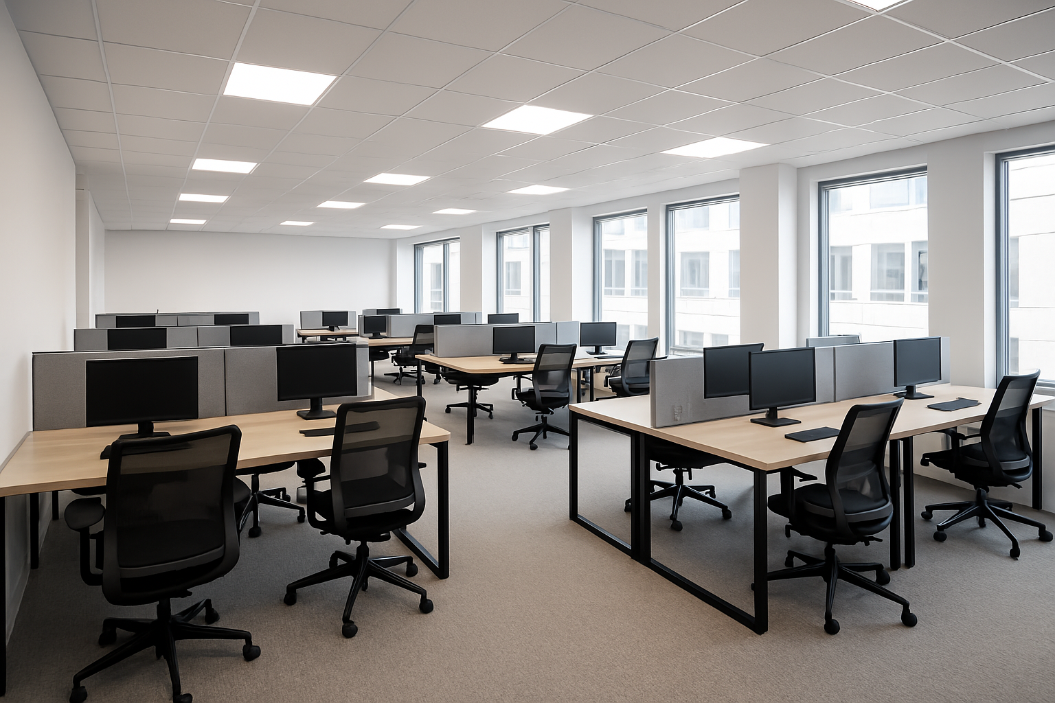 Empty modern office with desks, chairs, computers, and windows. White walls, grey carpet, and overhead lights.