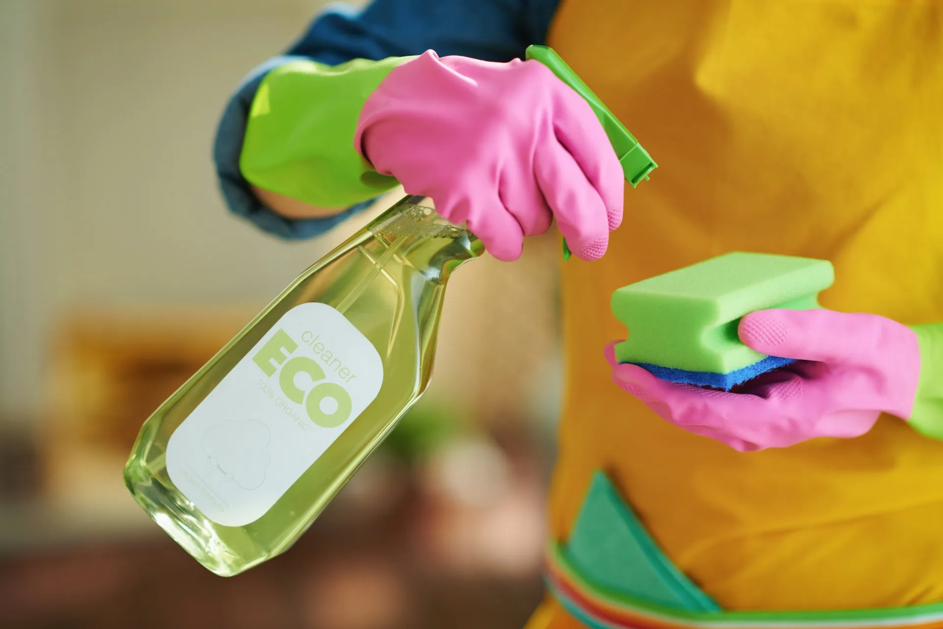 Person wearing pink and green gloves sprays cleaning product onto a sponge.
