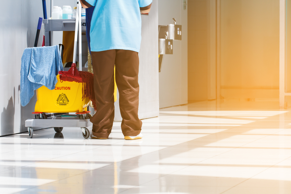 Janitor with cleaning cart in a bright hallway, mop bucket, supplies, and sunlight.