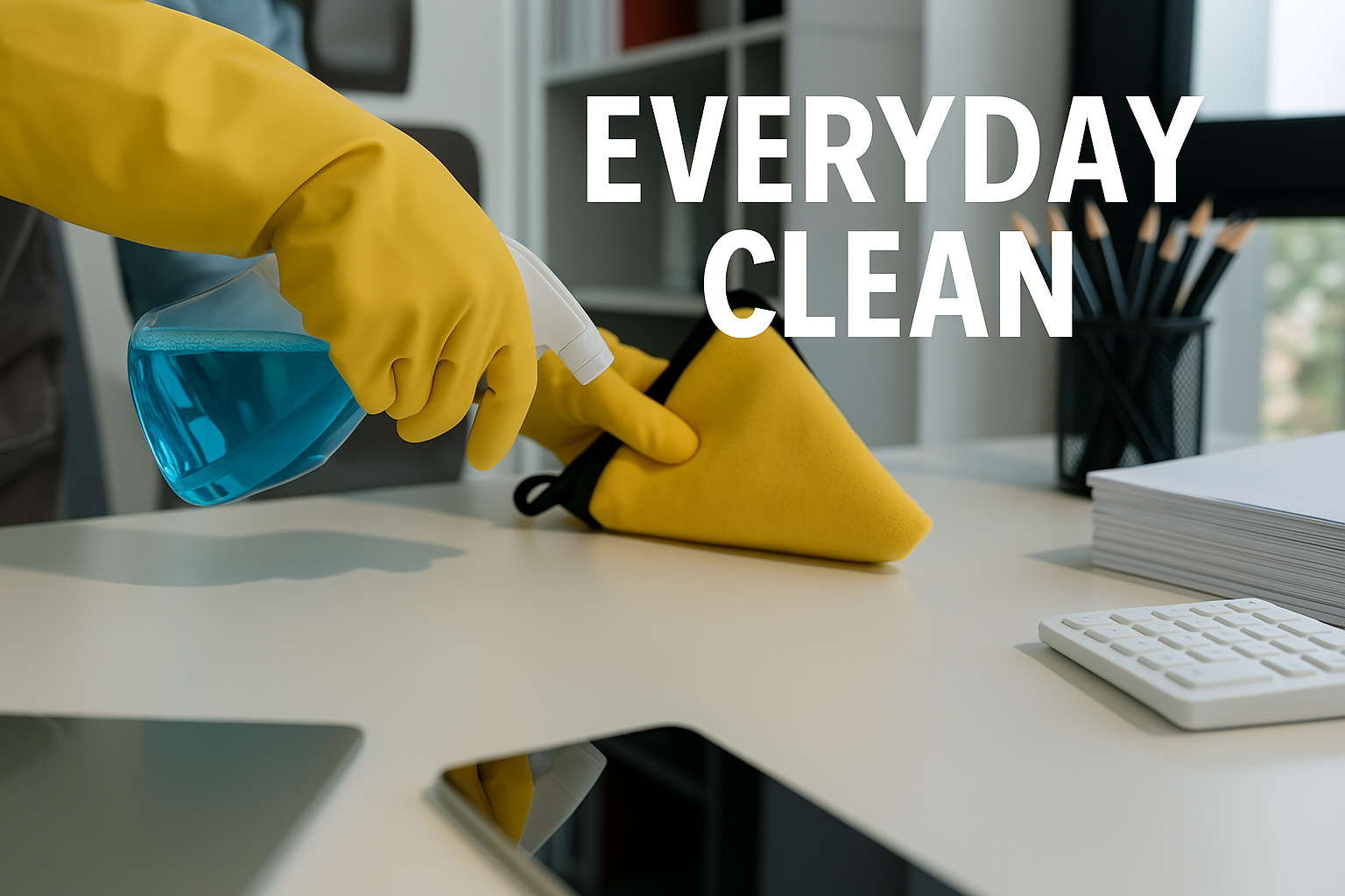 Person wearing yellow gloves spraying and wiping a white desk. 