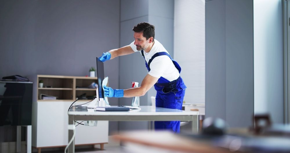 Person in blue jumpsuit cleaning a computer monitor in an office.