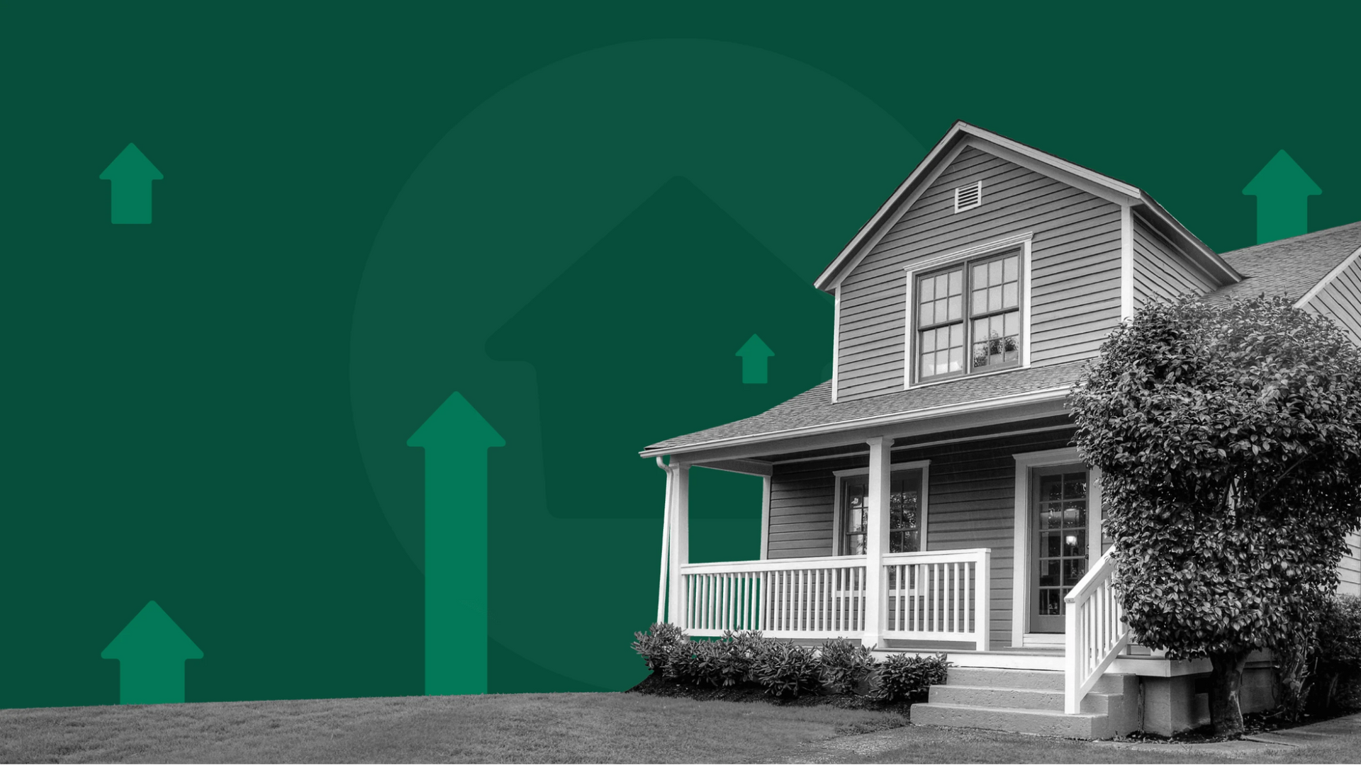 A two-story house stands on the right against a dark green background patterned with several upward-pointing arrows.