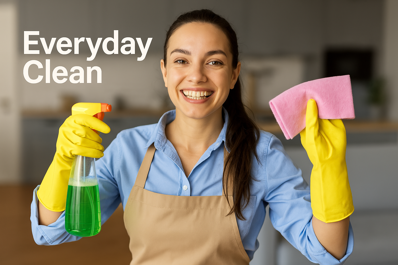 Woman in yellow gloves holding spray bottle and cloth for eco-friendly office cleaning by Everyday Clean