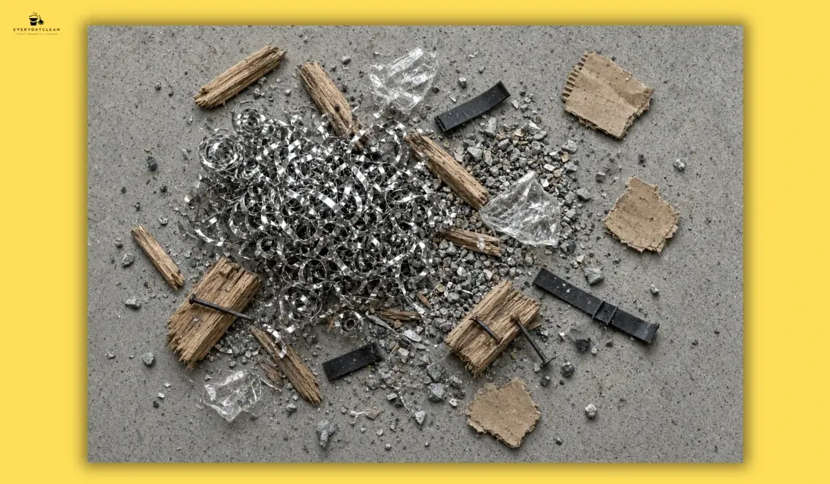 Industrial debris on concrete including metal swarf, pallet splinters, nails, strapping and gravel