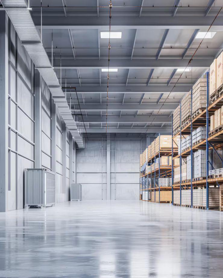 Interior of a spacious warehouse; rows of shelves holding stacked pallets; concrete floor.