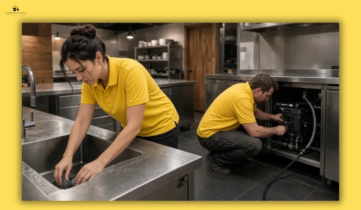 Kitchen worker checking a commercial sink area while a technician services the grease trap