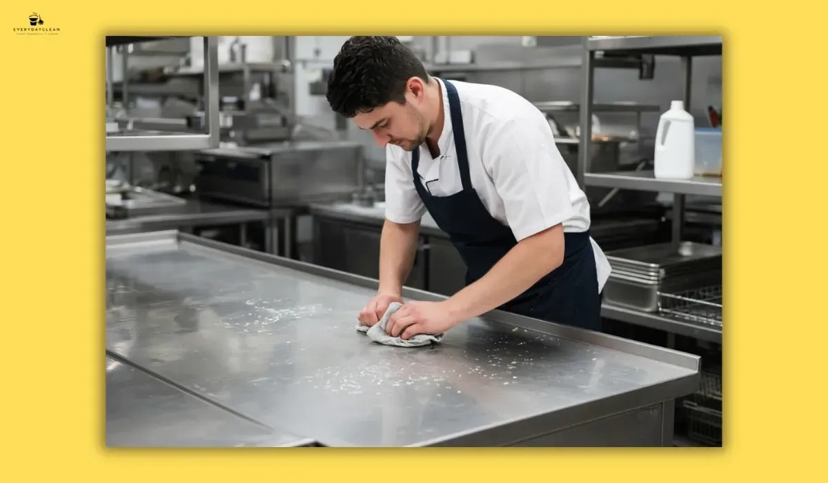 Kitchen worker removing food residue from a stainless steel preparation bench before sanitising
