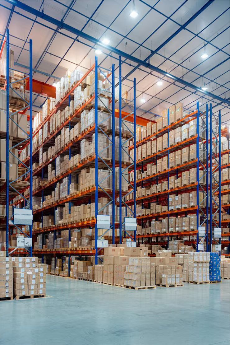 Warehouse interior filled with shelves of stacked cardboard boxes. Blue metal shelving, bright lighting.