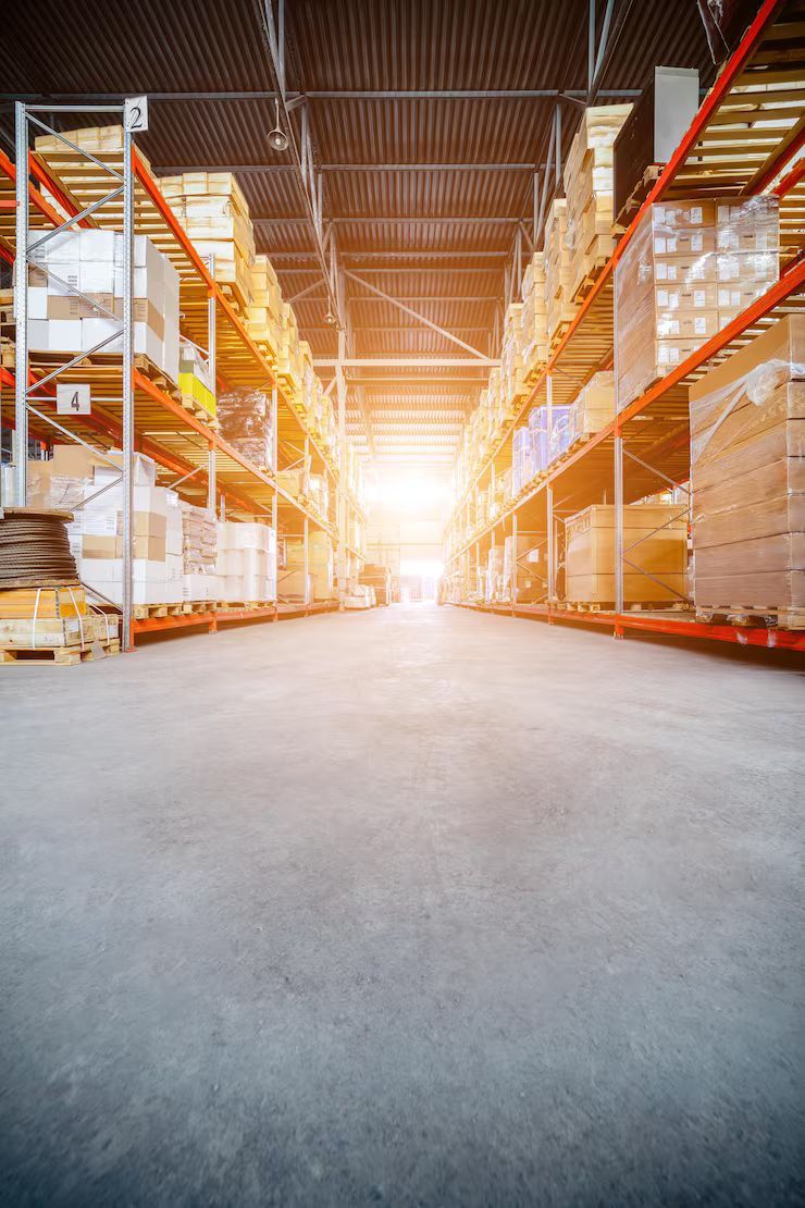 Warehouse interior with rows of shelves filled with packages, bright sunlight at the end of the aisle.
