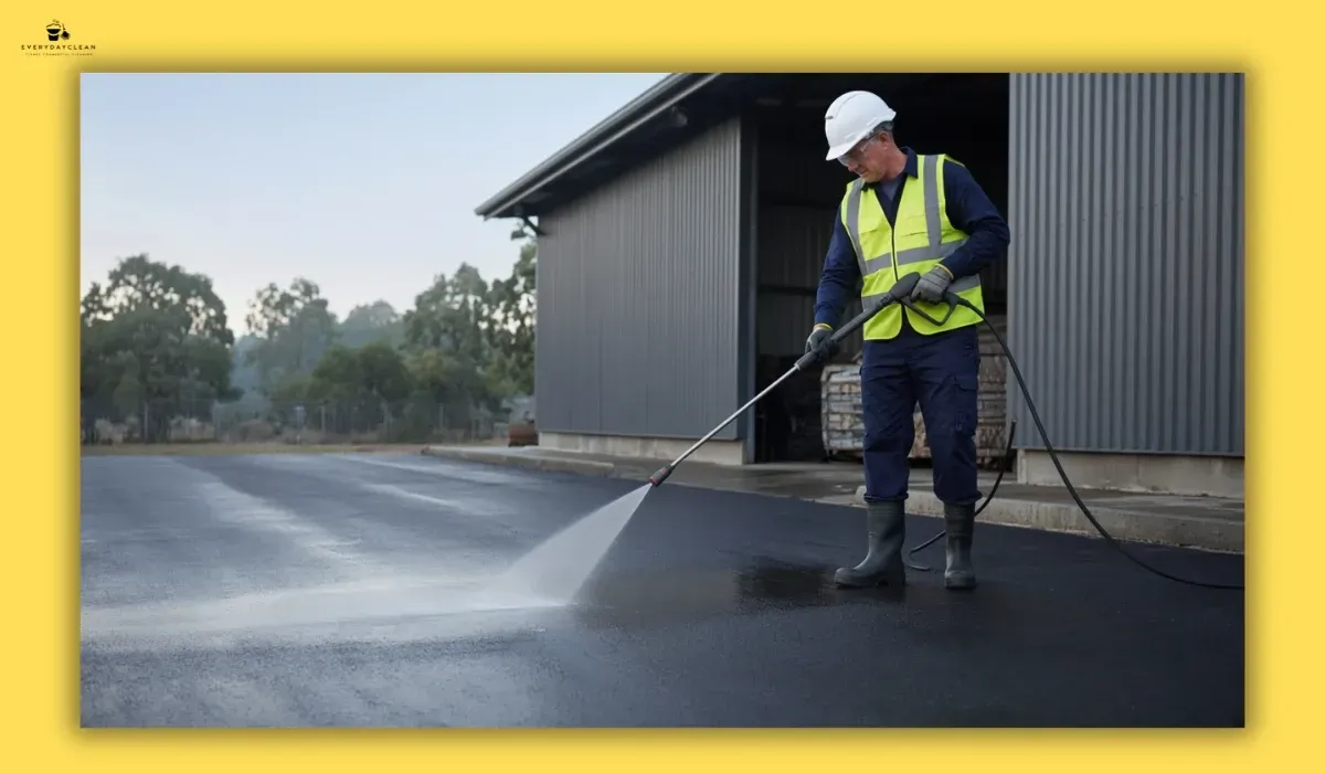 Low-pressure wide fan rinse on an asphalt driveway after sweeping