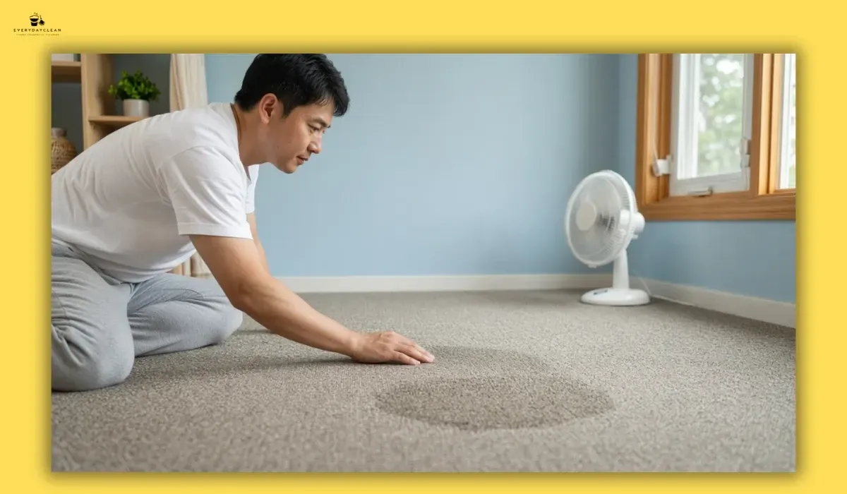 Man checking a treated carpet area while it dries with airflow