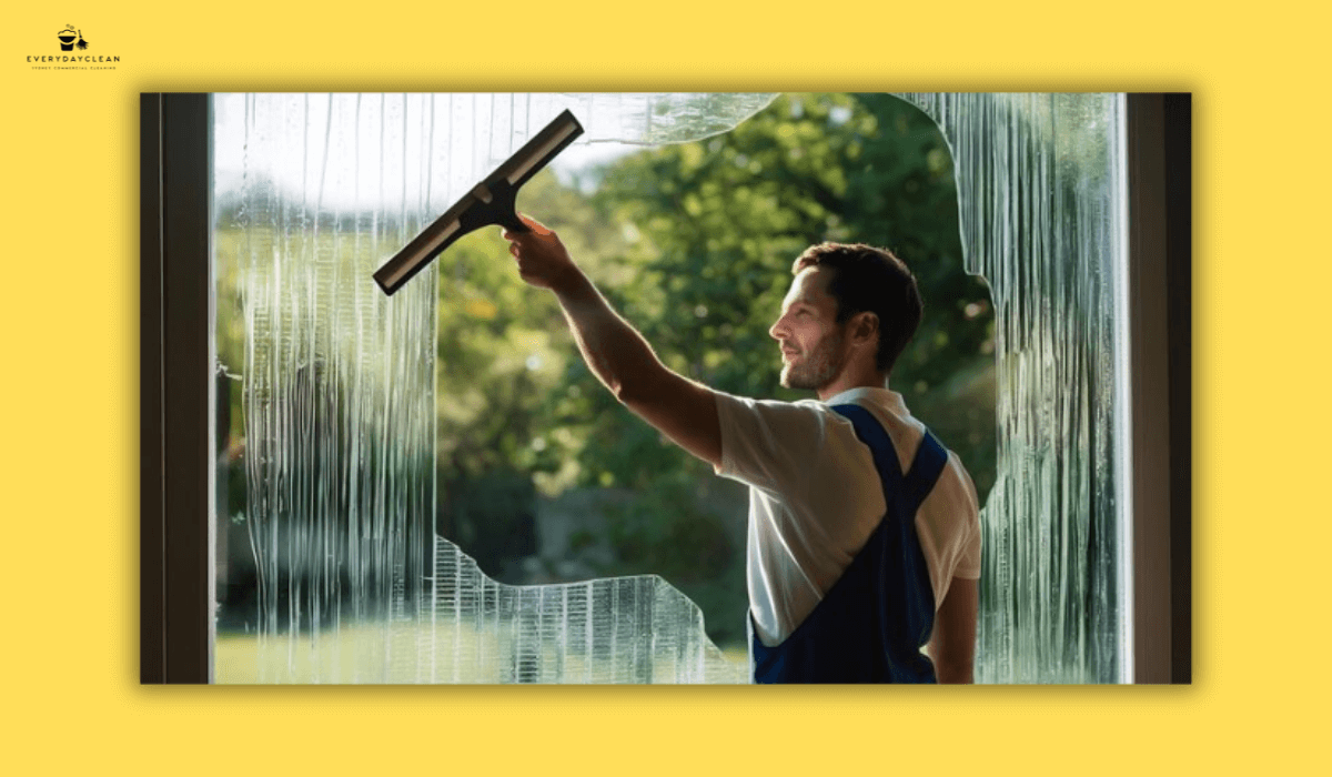 man cleaning house window with squeegee outside
