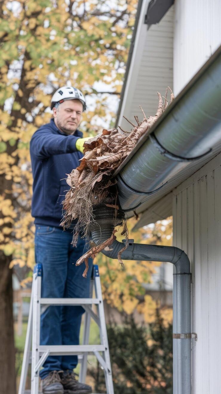 Person on a ladder cleaning leaves from a gutter.