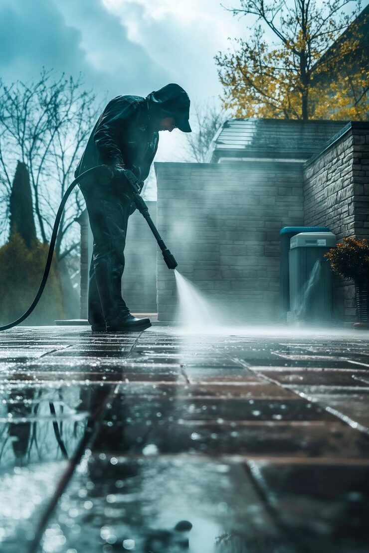 Person pressure washing a brick patio. Water spraying, creating mist, outdoors.
