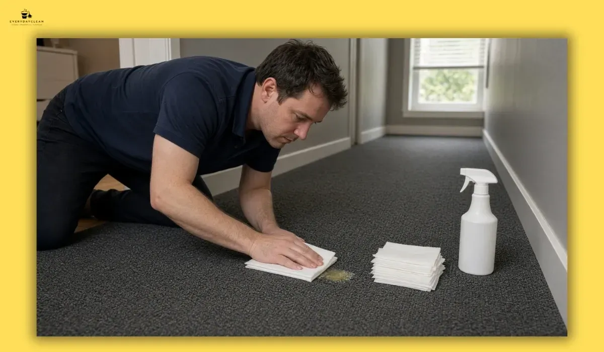 Man pressing paper towels onto a fresh dog urine spot on carpet