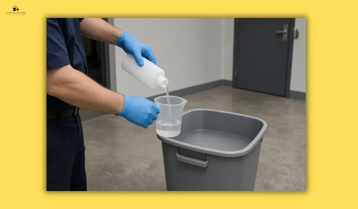 Measuring pH-neutral floor cleaner concentrate before mopping a concrete floor