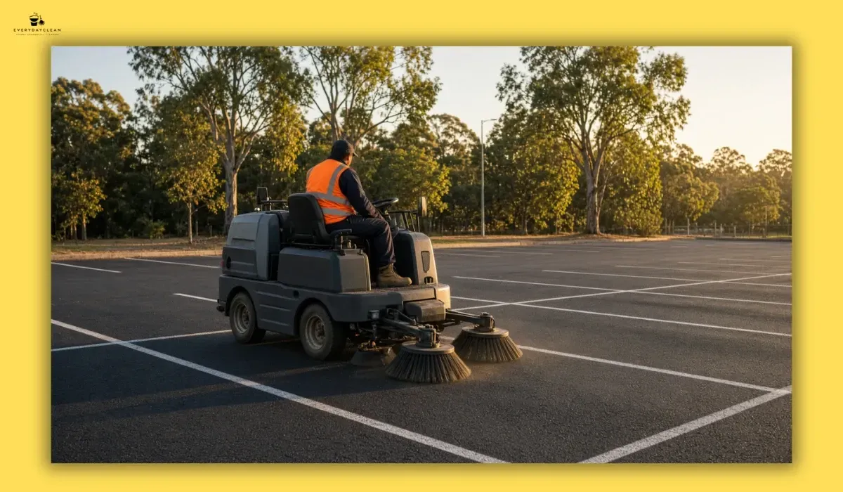 Mechanical asphalt sweeper with poly bristles cleaning a Sydney car park in the early morning