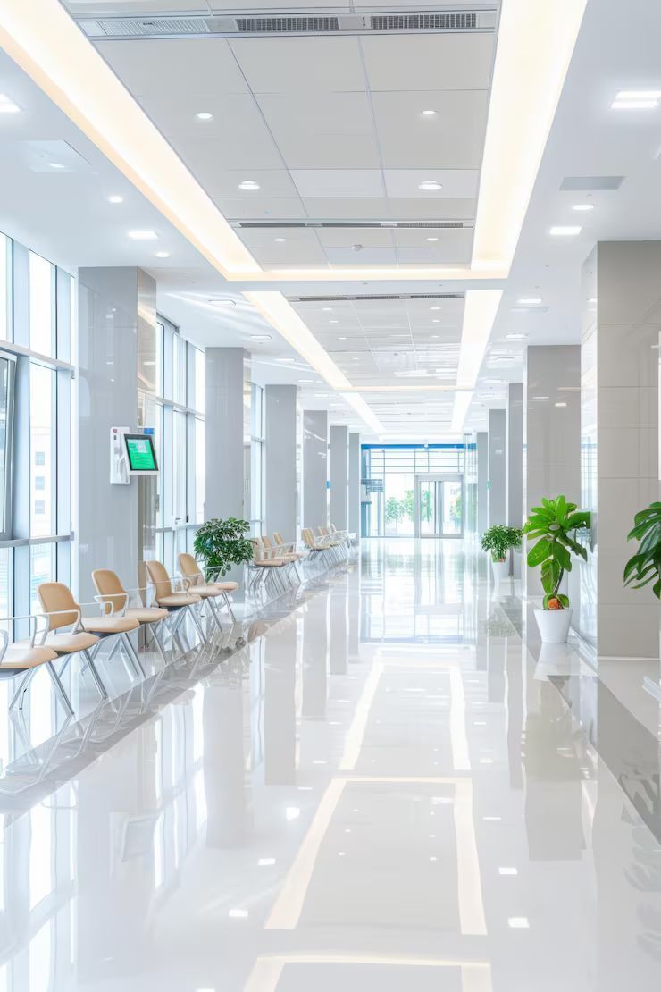 Bright, spacious hospital hallway with glossy white floors and tall windows. Chairs line the wall near potted plants.