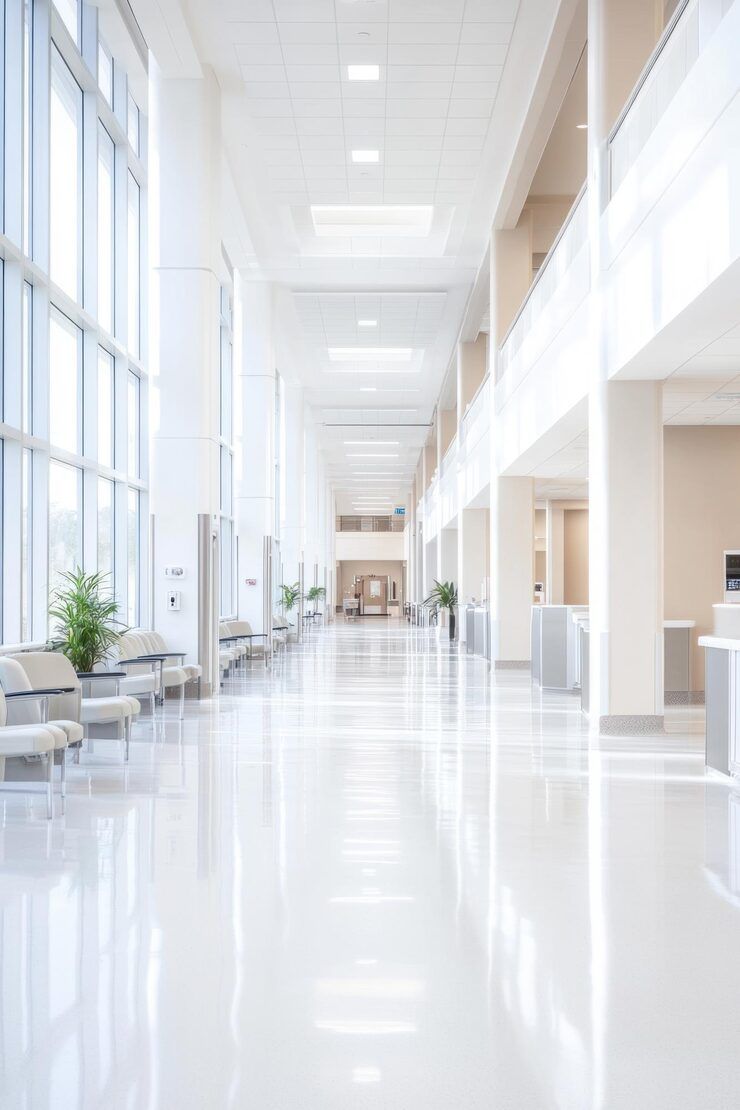 Bright, spacious hospital hallway with large windows, white walls, and polished floor.