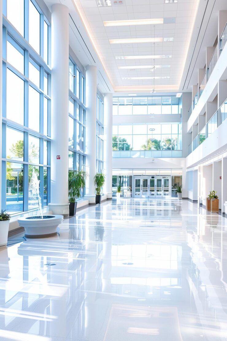 Bright, spacious lobby with large windows and glossy white floors. Interior of a modern building.
