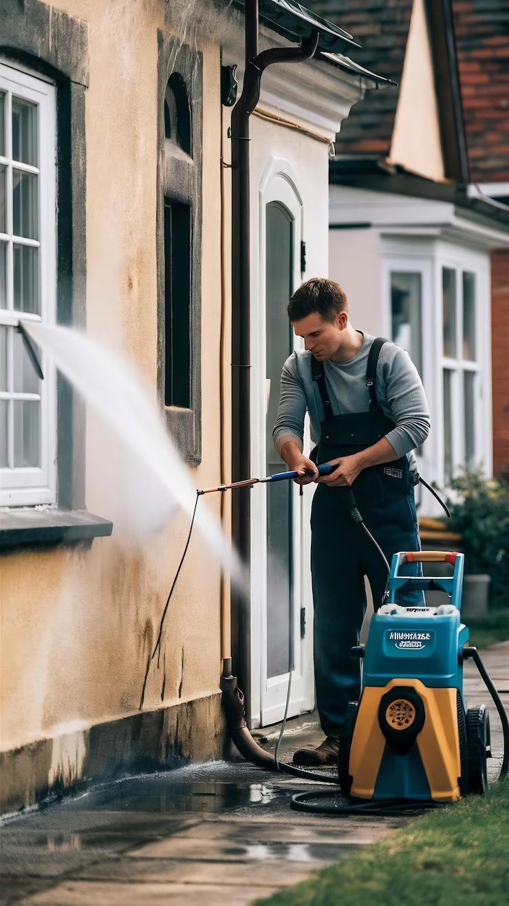Man power washing a yellow house, water spraying.