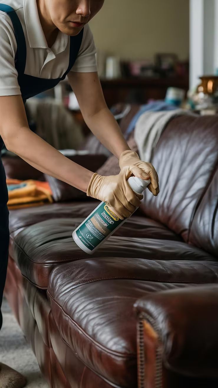 Person spraying cleaner on a brown leather sofa. The person wears gloves and overalls, indoors.