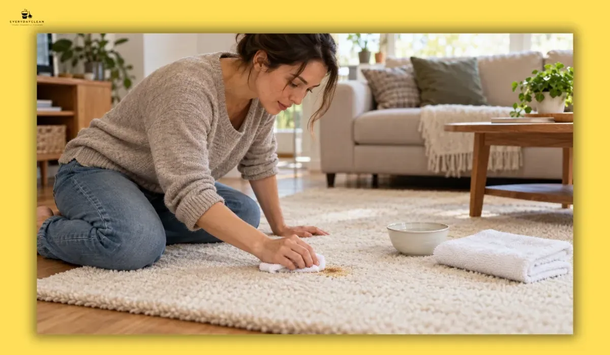 Mild cleaning solution being gently dabbed onto a stain on a wool rug
