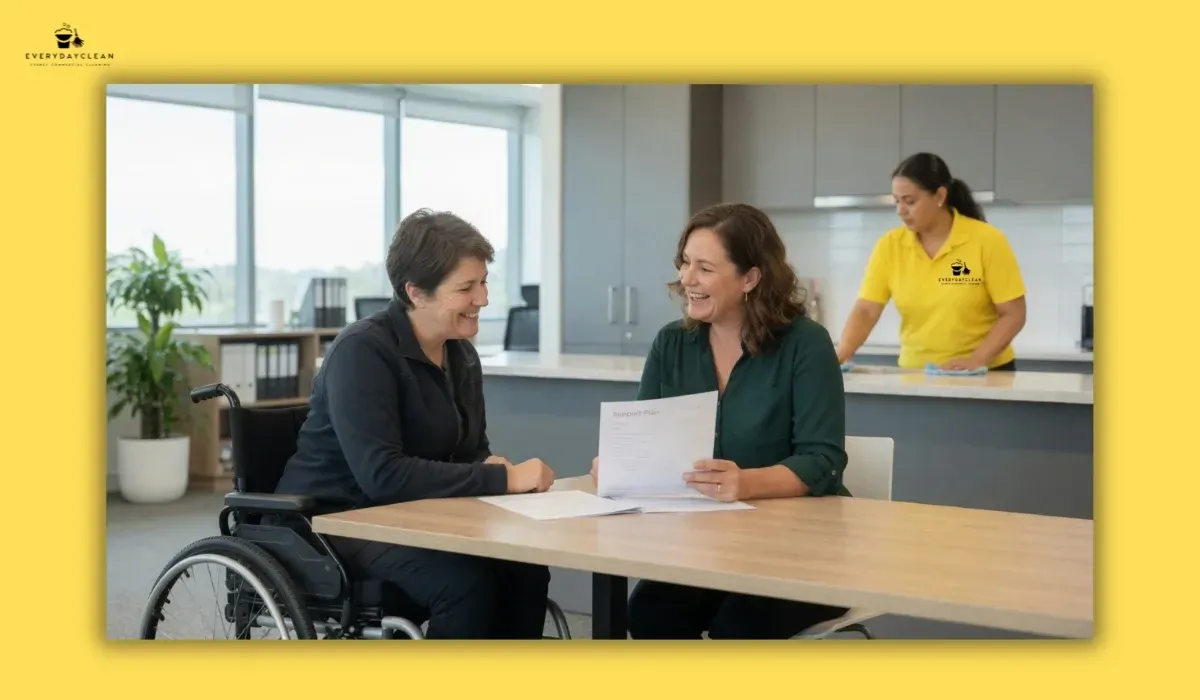 NDIS participant discussing household cleaning support with a support coordinator