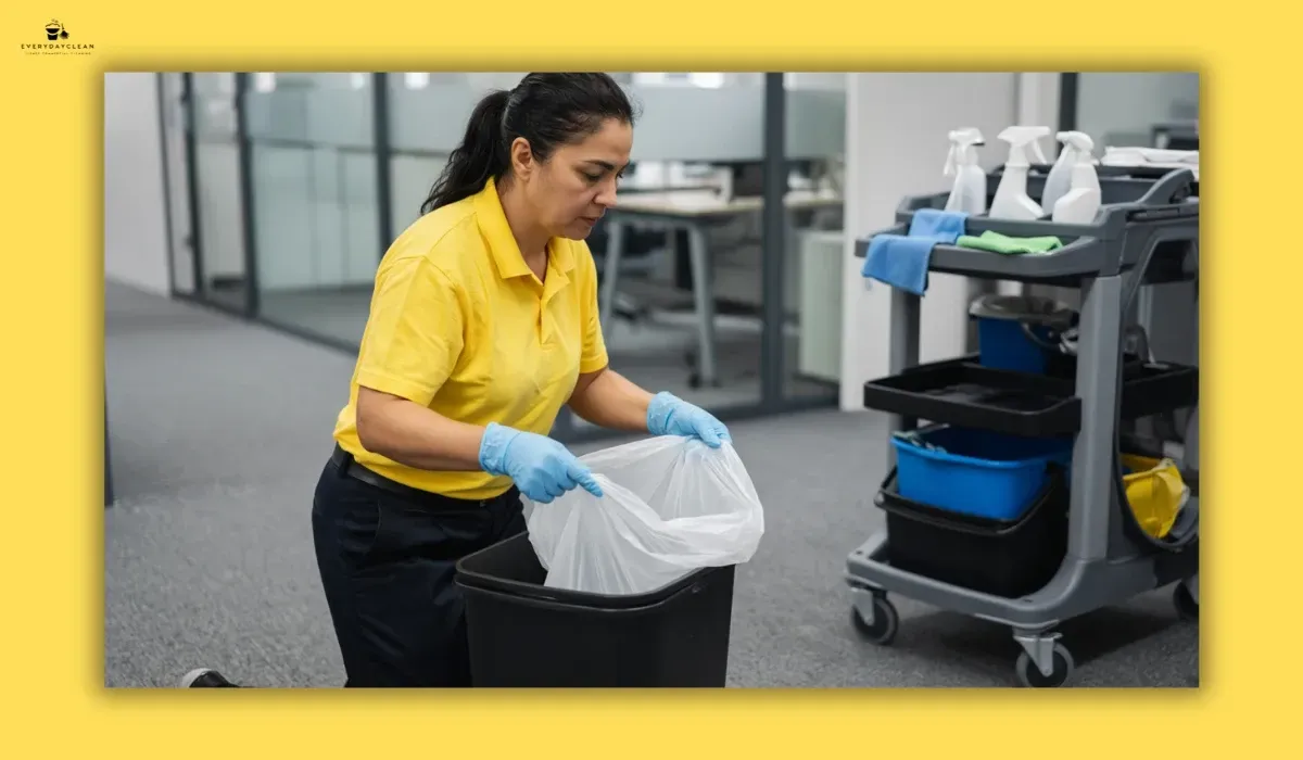 Office cleaner handling a waste bin safely with protective gloves